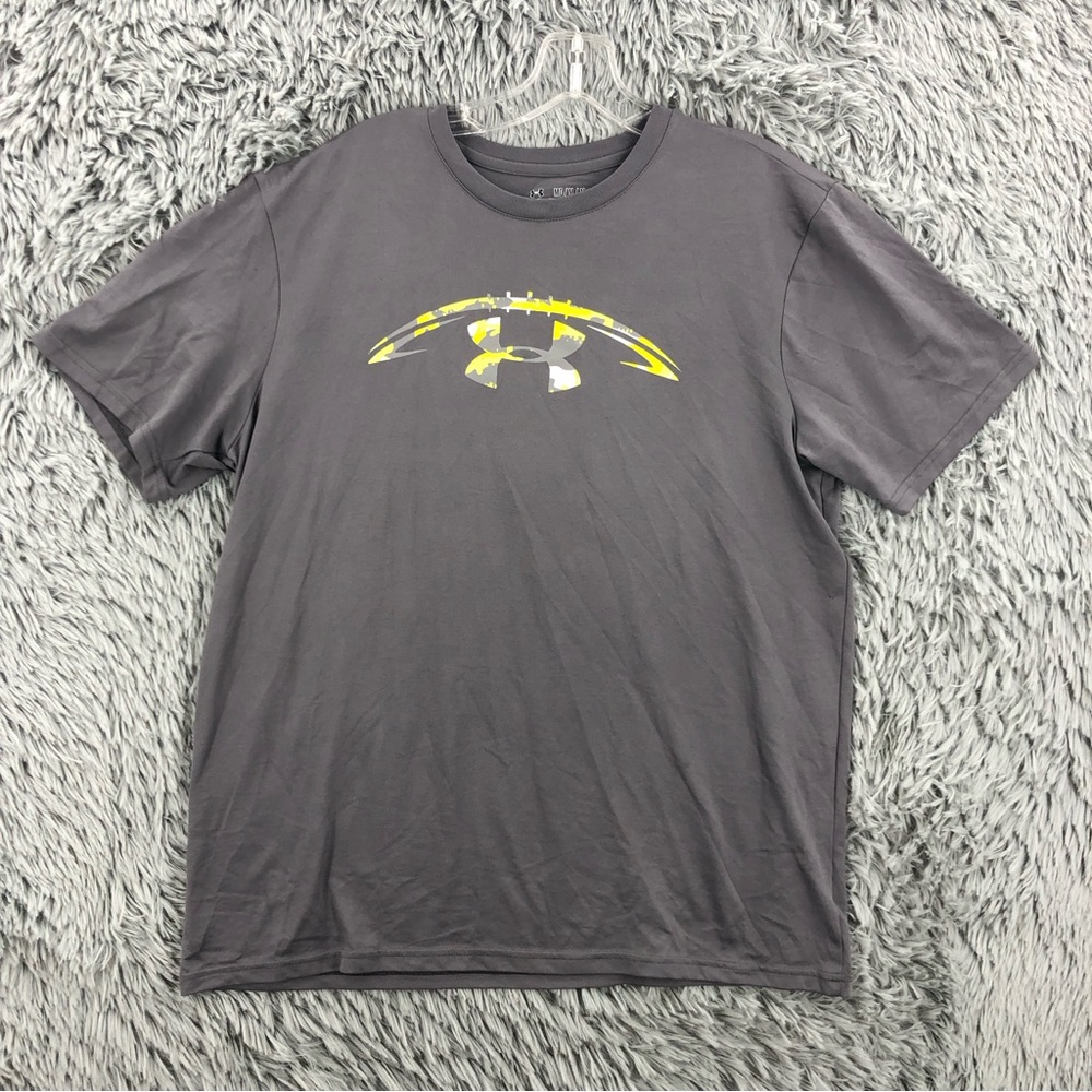 Under Armour Shirt UA Mens Medium Loose Football Logo Grey Yellow Heatgear